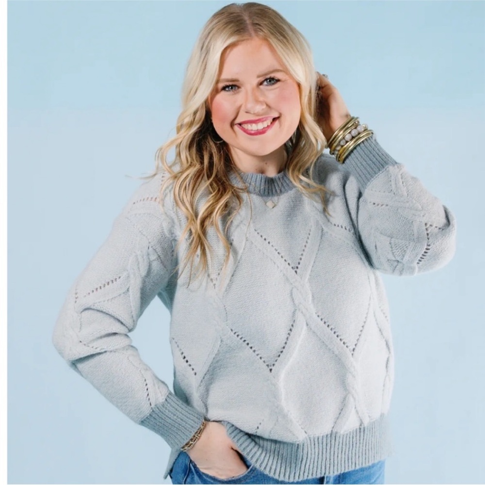 Hem & Thread Soft Blue Cable Knit Pointelle Sweater